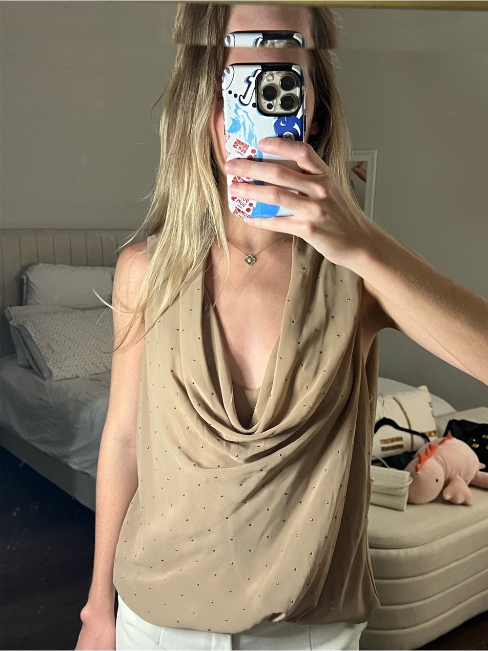 Vince Camuto Tan Draped Cowl Neck Sleeveless Blouse
